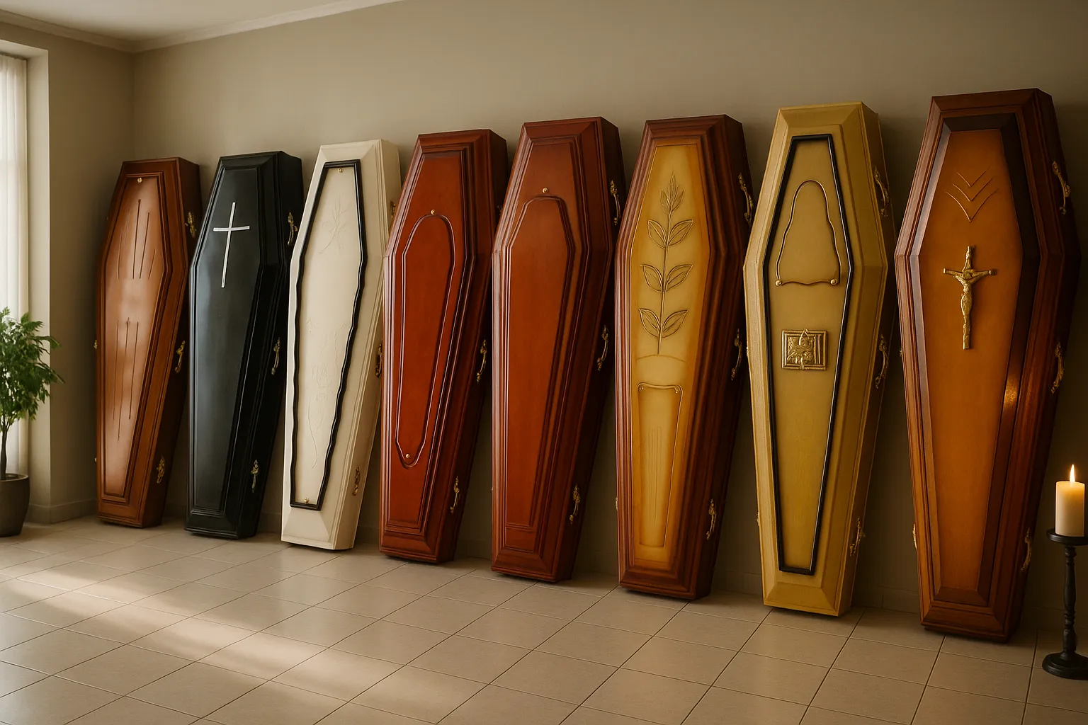 Showroom da Eterna Saudade com diversos modelos de caixões e urnas funerárias em exposição.